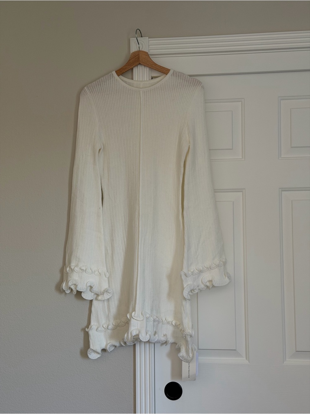Commense Cream Ribbed Long Sleeve Top with Ruffle Edges